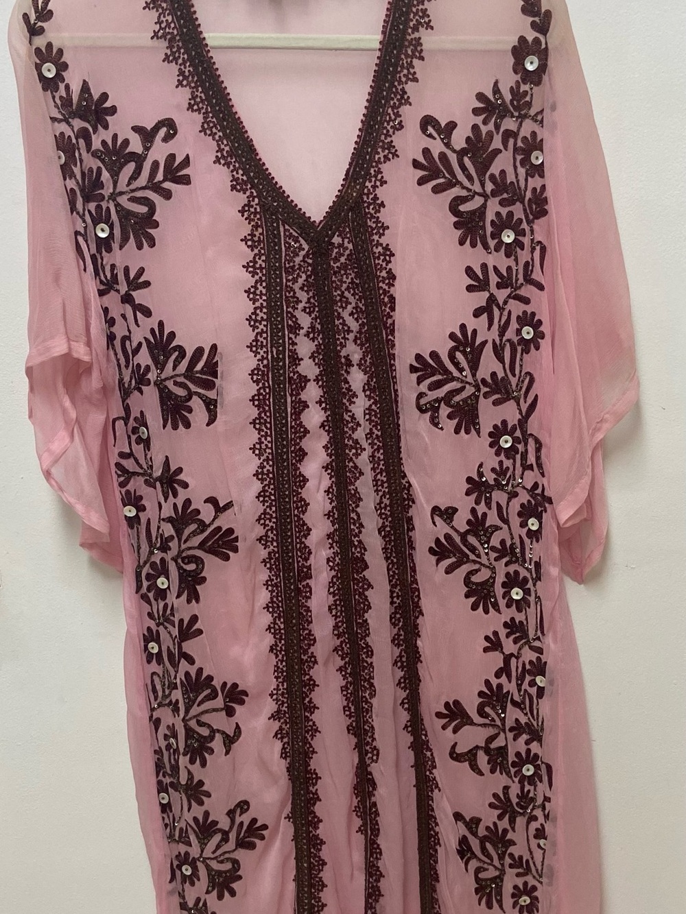 TAJ by Sabrina Crippa Pink Sheer 100% Silk Tunic with Dark Maroon Embroidery